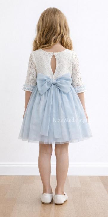 Vestido niña ceremonia encaje y tul azul empolvado manga francesa Basmarti [1]