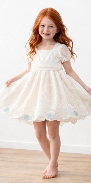 Vestido Ceremonia Arras para Niña en Tul Beige con Bordados Verde Agua – Kids Moda Infantil [7]