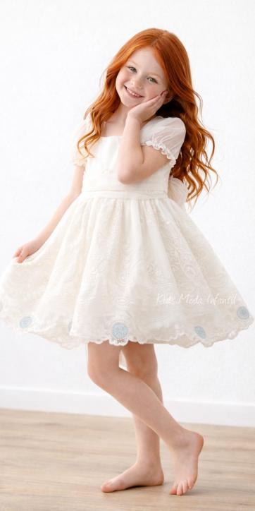 Vestido Ceremonia Arras para Niña en Tul Beige con Bordados Verde Agua – Kids Moda Infantil [0]