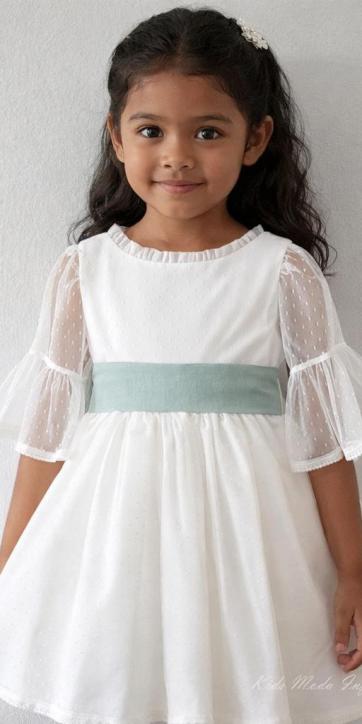 Vestido arras niña blanco tul con fajín lino verde agua Coco Acqua Ceremonia 60444 [2]