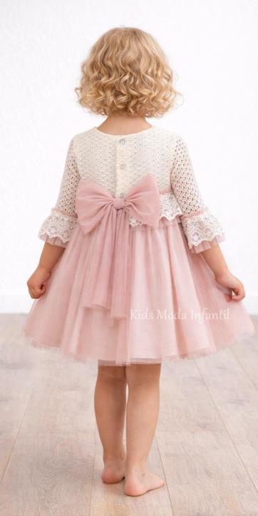 Vestido ceremonia niña encaje beige y tul rosa empolvado con lazo Basmarti Alba [1]