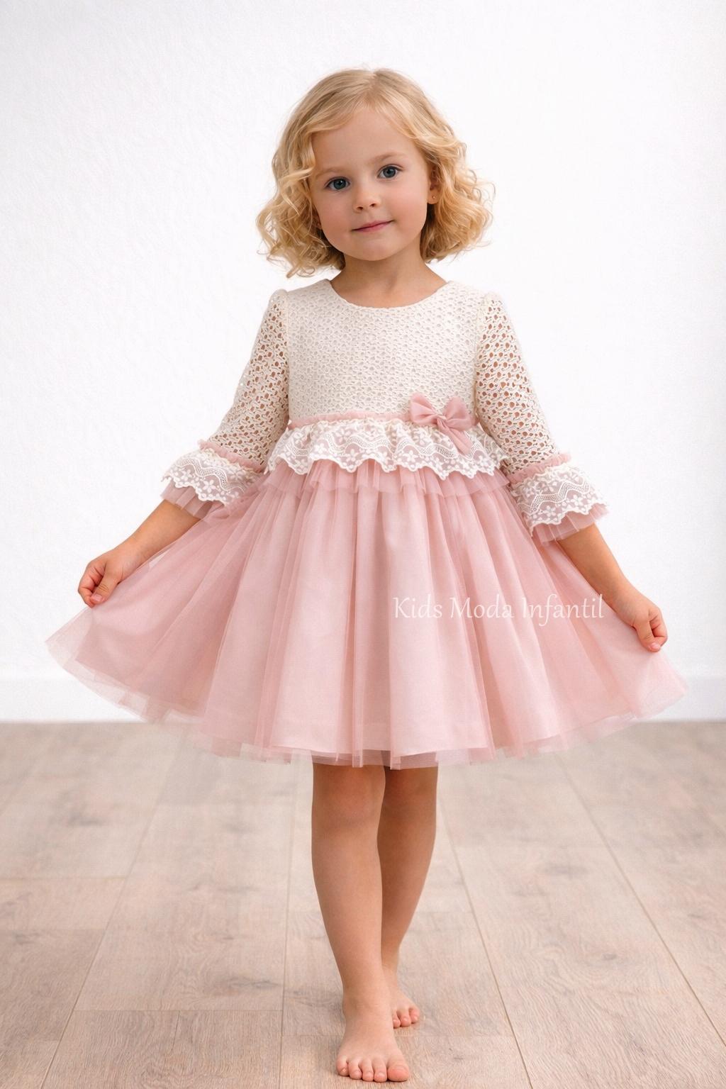 Vestido ceremonia niña encaje beige y tul rosa empolvado con lazo Basmarti Alba