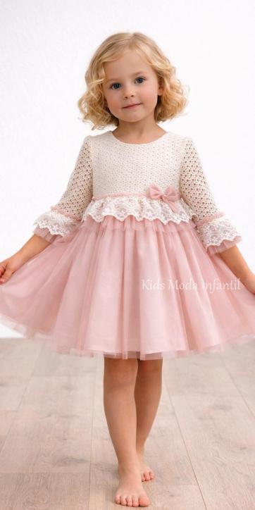 Vestido ceremonia niña encaje beige y tul rosa empolvado con lazo Basmarti Alba [0]