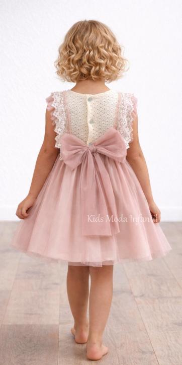 Vestido ceremonia niña tul rosa empolvado con encaje y tirantes Basmarti Alba [1]