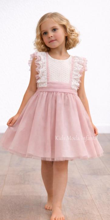Vestido ceremonia niña tul rosa empolvado con encaje y tirantes Basmarti Alba [0]