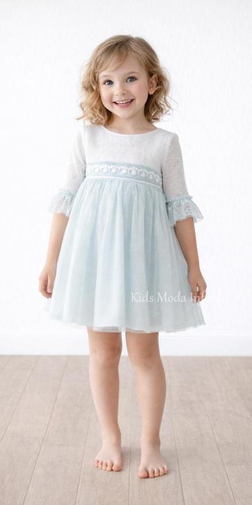 Vestido ceremonia niña manga francesa blanco roto y tul verde agua Basmarti | Kids Moda Infantil [1]