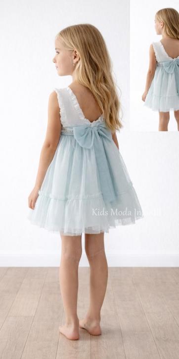 Vestido ceremonia y arras niña blanco roto con tul verde agua Basmarti | Kids Moda Infantil [1]