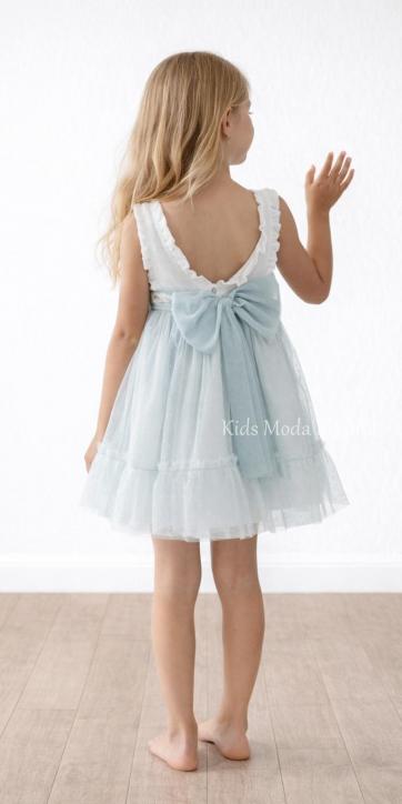Vestido ceremonia y arras niña blanco roto con tul verde agua Basmarti | Kids Moda Infantil [2]