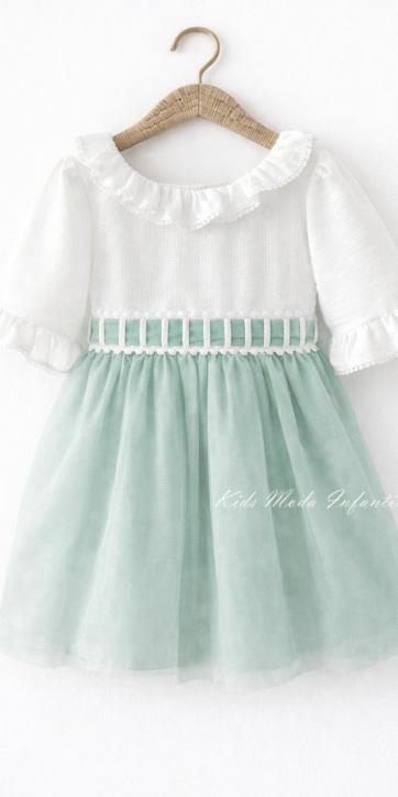 Vestido Niña Ceremonia y Arras Tul Verde Agua Empolvado Media Manga – Fabricación Española | Kids Moda Infantil [1]