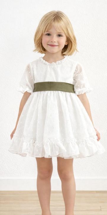 Vestido arras niña plumeti cristal con fajín lino verde oliva Eva Martinez Artesanía 32111