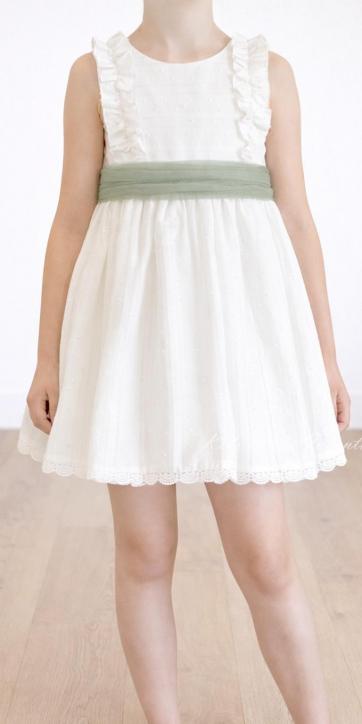 Vestido Ceremonia y Arras Niña con Fajín de Tul Verde Oliva – Eva Martínez Artesanía Familia 6