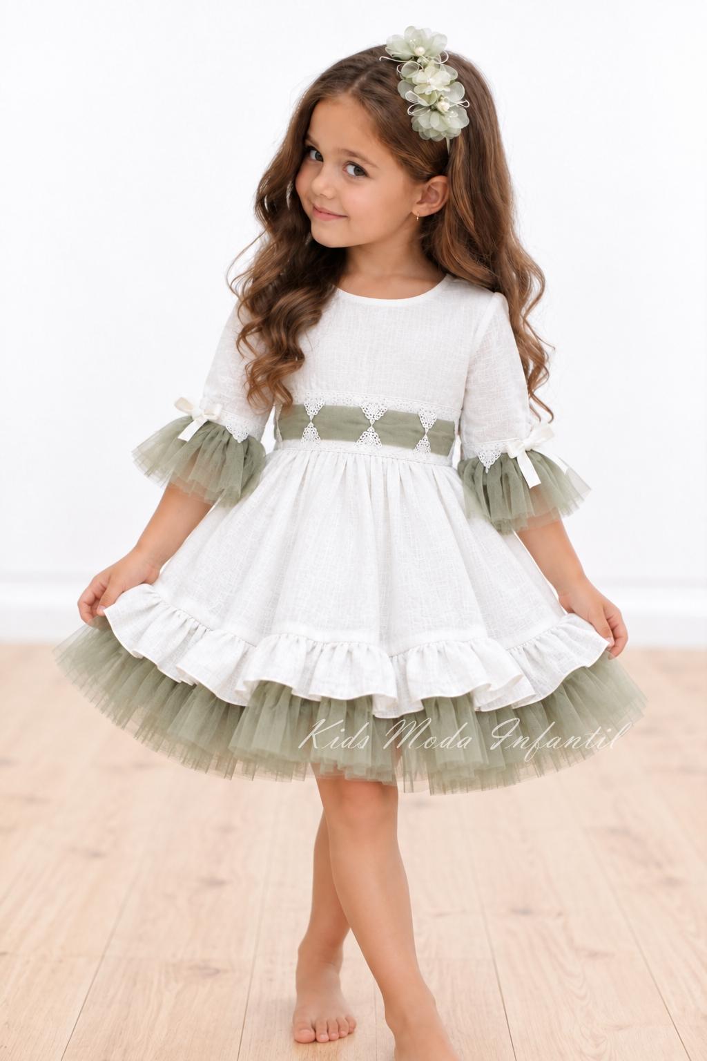 Vestido Ceremonia y Arras Niña Blanco roro con Fajín de Tul Verde Oliva – Nekenia 2621831