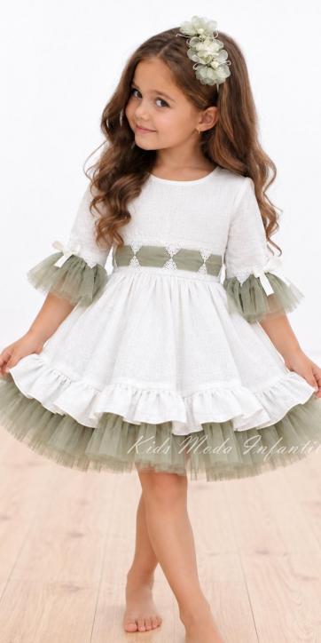 Vestido Ceremonia y Arras Niña Blanco roro con Fajín de Tul Verde Oliva – Nekenia 2621831 [0]