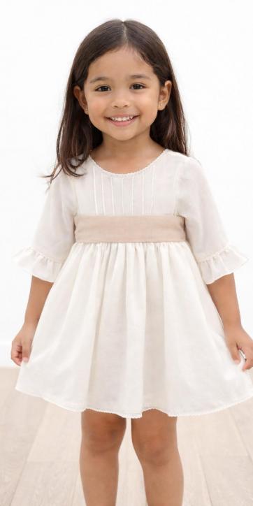 Vestido arras niña rustico con fajín lino camel Eva Martinez Artesanía 40412