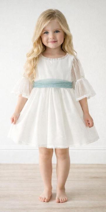 Vestido ceremonia niña tul topo con fajín verde empolvado Coco Acqua Ceremonia 60444