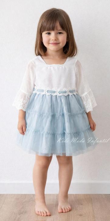 Vestido ceremonia niña media manga lino blanco y tul verde agua Basmarti 25252