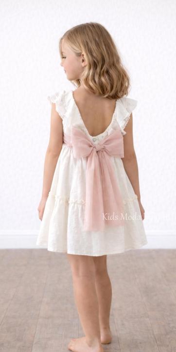 Vestido ceremonia niña beige claro manga corta volante con fajín tul rosa empolvado Basmarti | Kids Moda Infantil [1]