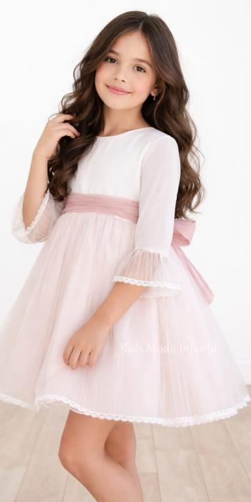 Vestido Ceremonia y Arras Niña Media Manga Rosa Empolvado – Eva Martínez Artesanía Familia 5