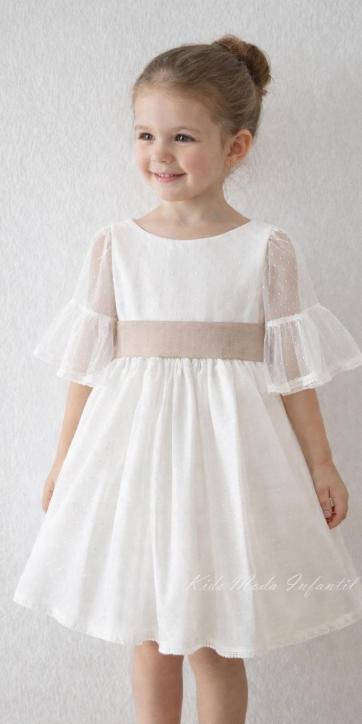 Vestido arras niña blanco tul con fajín lino camel Coco Acqua Ceremonia 60444