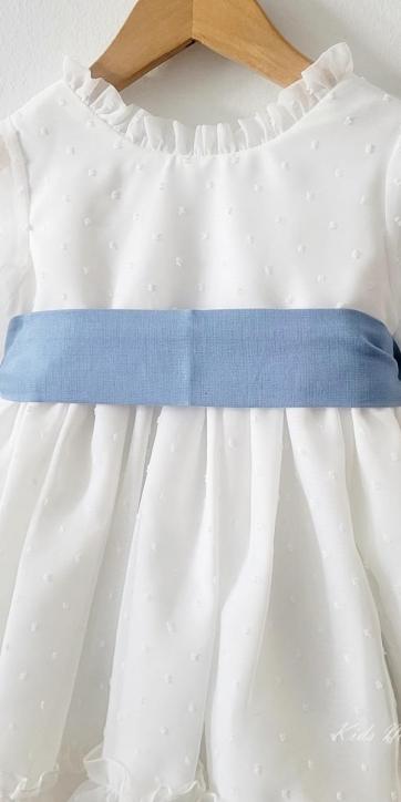 Vestido arras niña plumeti cristal con fajín lino azul Eva Martinez Artesanía 32111 [3]