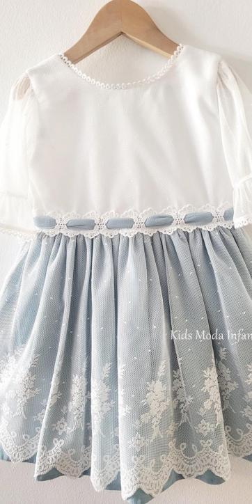 Vestido Ceremonia y Arras Niña Azul Empolvado Tul Bordado Media Manga Espalda en Pico – Fabricación Española | Kids Moda Infantil [3]