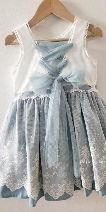 Vestido Ceremonia y Arras Niña Azul Empolvado Tul Bordado Espalda Cruzada – Fabricación Española | Kids Moda Infantil [1]