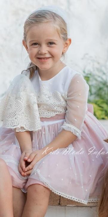 Vestido ceremonia niña de tul bordado beige con rosa empolvado Basmarti [2]