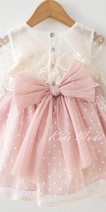 Vestido ceremonia niña de tul bordado beige con rosa empolvado Basmarti [3]