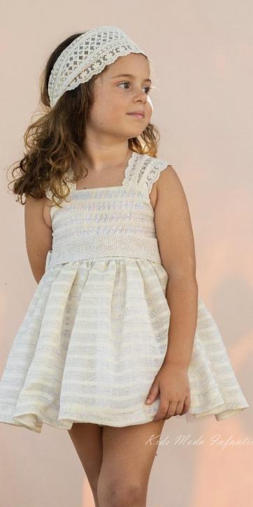 Vestido ceremonia niña tirantes lino beige de rayas Basmarti 25010