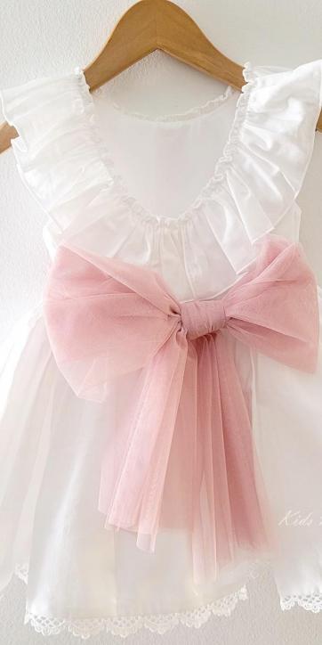 Vestido ceremonia niña blanco con fajín rosa empolvado de Eva Martínez Artesanía 38312CBG [4]