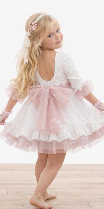 Vestido ceremonia niña blanco con fajín de tul rosa empolvado Nekenia [1]