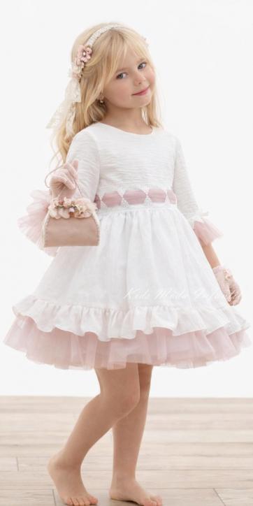 Vestido ceremonia niña blanco con fajín de tul rosa empolvado Nekenia