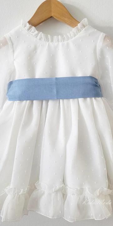 Vestido arras niña plumeti cristal con fajín lino azul Eva Martinez Artesanía 32111 [6]
