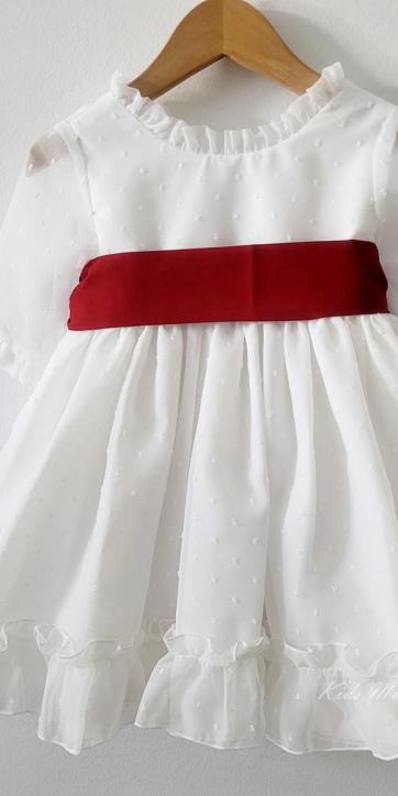 Vestido arras niña plumeti cristal con fajín burdeos Eva Martinez Artesanía 32111