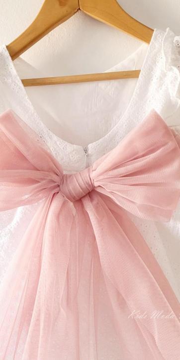 Vestido ceremonia niña blanco bordado con fajín tul rosa empolvado Nekenia 2521802 Personalizable [4]