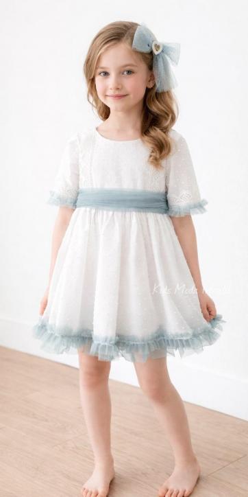 Vestido ceremonia niña de media manga plumeti blanco con fajín tul verde agua Eva Martínez Artesanía