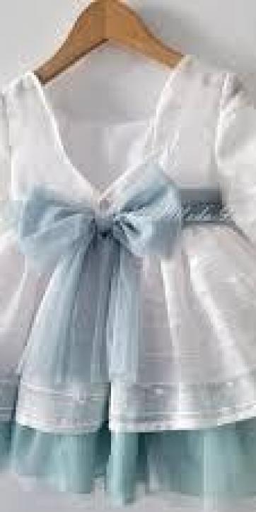 Vestido ceremonia niña media manga blanco con fajín tul azul Basmartí [1]