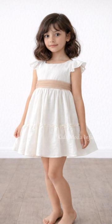 Vestido ceremonia niña beige claro manga volante con fajín tul camel Basmarti | Kids Moda Infantil [0]