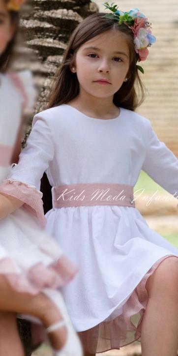 Vestido ceremonia niña media manga blanco con fajín tul rosa empolvado Nekenia [1]