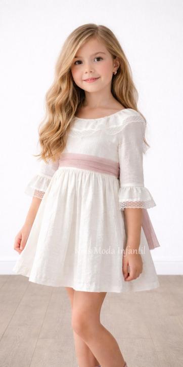 Vestido ceremonia niña beige claro media manga con fajín tul rosa empolvado Basmarti | Kids Moda Infantil [1]