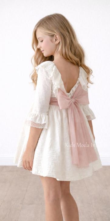 Vestido ceremonia niña beige claro media manga con fajín tul rosa empolvado Basmarti | Kids Moda Infantil
