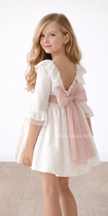 Vestido ceremonia niña beige claro media manga con fajín tul rosa empolvado Basmarti | Kids Moda Infantil [2]