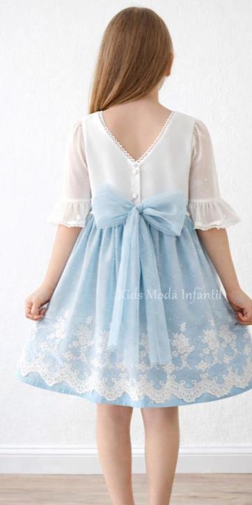 Vestido Ceremonia y Arras Niña Azul Empolvado Tul Bordado Media Manga Espalda en Pico – Fabricación Española | Kids Moda Infantil [2]
