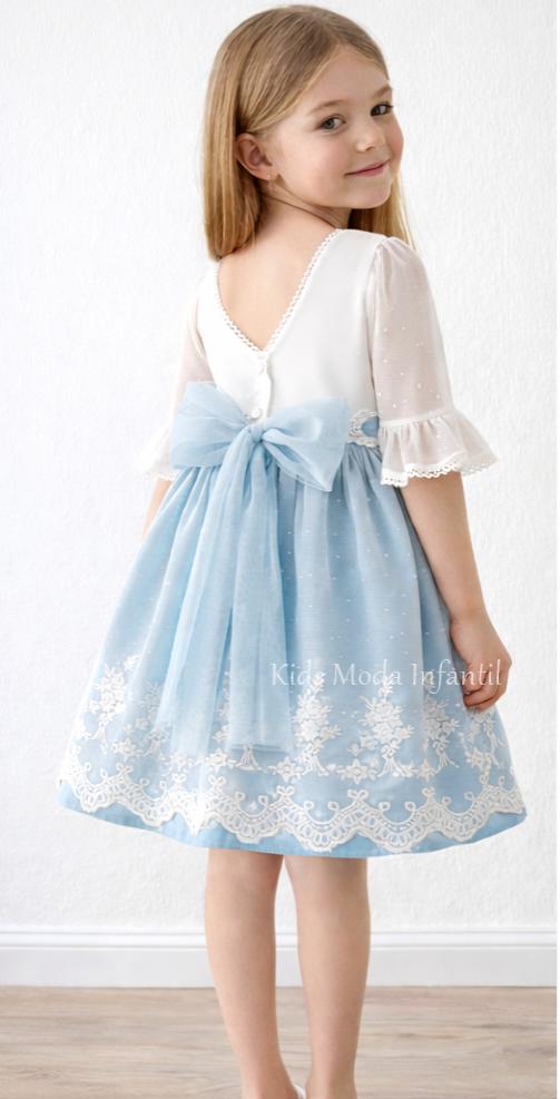 Vestido Ceremonia y Arras Niña Azul Empolvado Tul Bordado Media Manga Espalda en Pico – Fabricación Española | Kids Moda Infantil
