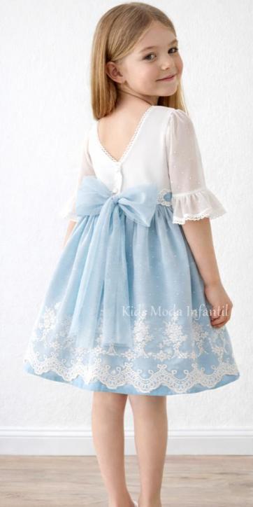 Vestido Ceremonia y Arras Niña Azul Empolvado Tul Bordado Media Manga Espalda en Pico – Fabricación Española | Kids Moda Infantil [0]