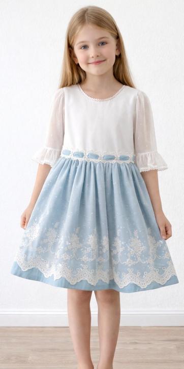 Vestido Ceremonia y Arras Niña Azul Empolvado Tul Bordado Media Manga Espalda en Pico – Fabricación Española | Kids Moda Infantil