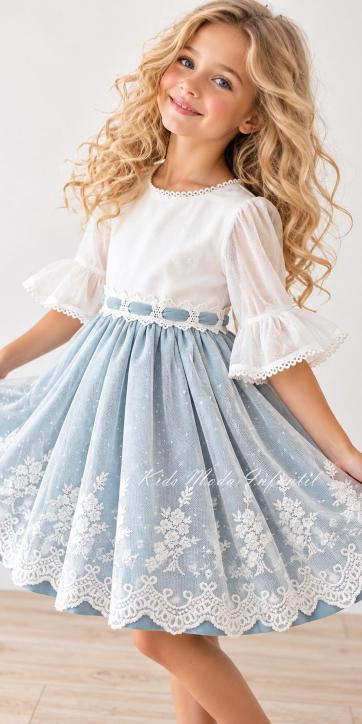 Vestido Ceremonia y Arras Niña Azul Empolvado Tul Bordado Media Manga Espalda en Pico – Fabricación Española | Kids Moda Infantil