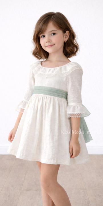 Vestido ceremonia niña beige claro media manga con fajín tul verde empolvado Basmarti | Kids Moda Infantil [0]