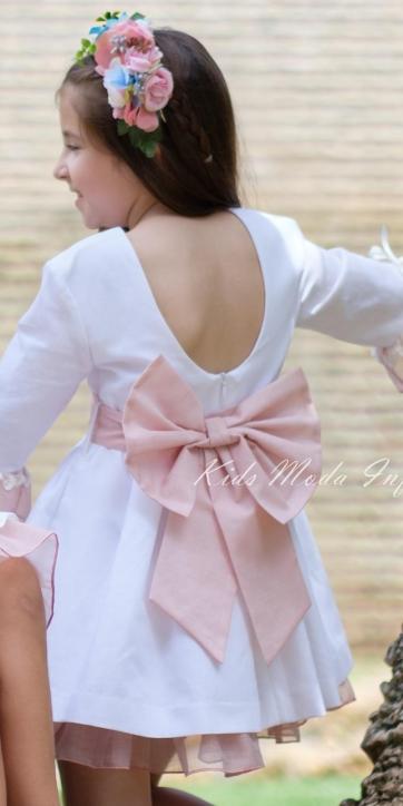 Vestido ceremonia niña media manga blanco con fajín tul rosa empolvado Nekenia