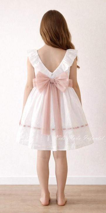 Vestido ceremonia niña plumeti blanco y tul rosa empolvado Basmarti 25131 [7]
